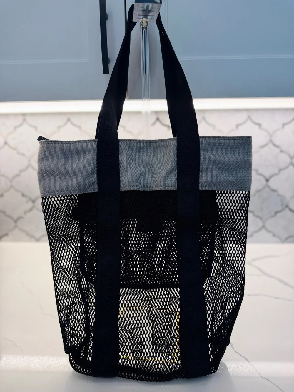 CHANEL Black Mesh Tote with Gray Top Panel